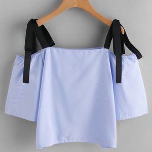 Blue Crop Top Contrast Bow Strap
